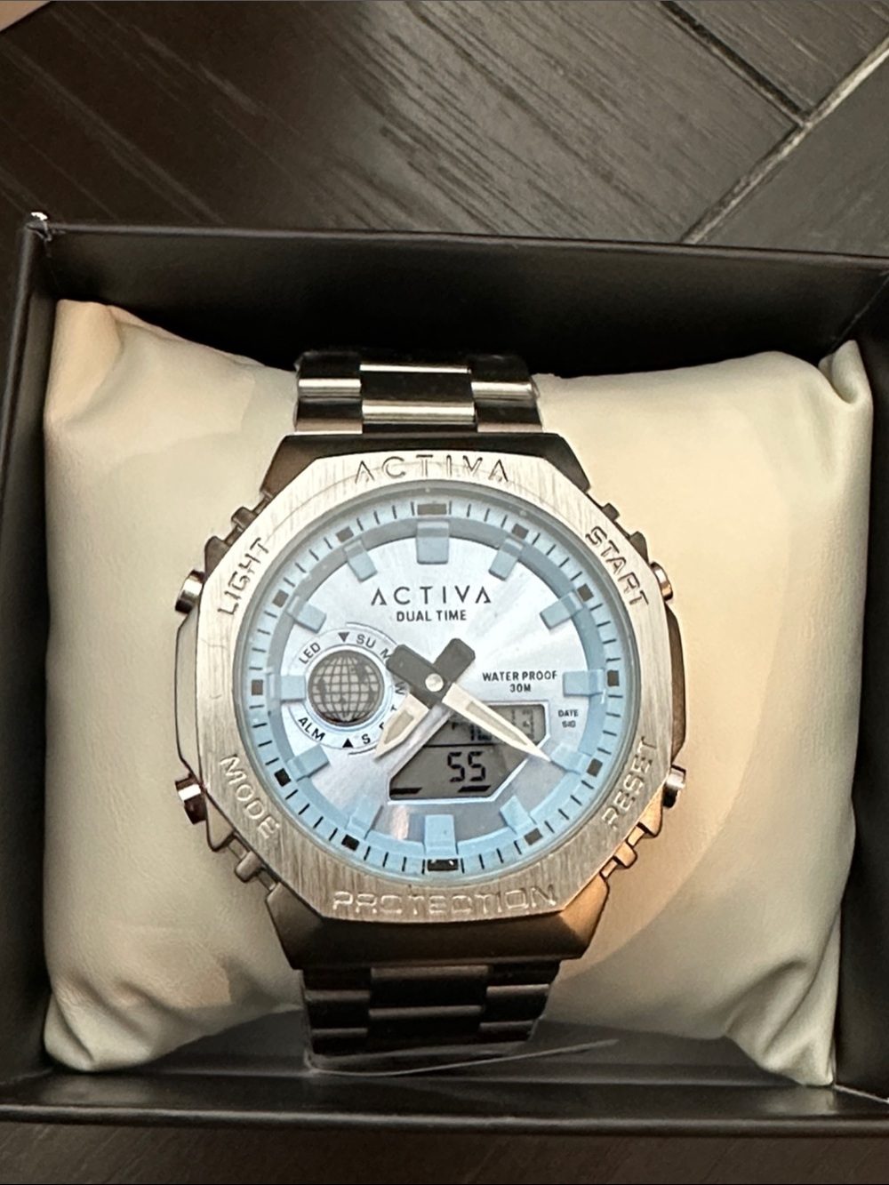 Activa Silver Stainless Steel Dual Time Watch with Light Blue Dial